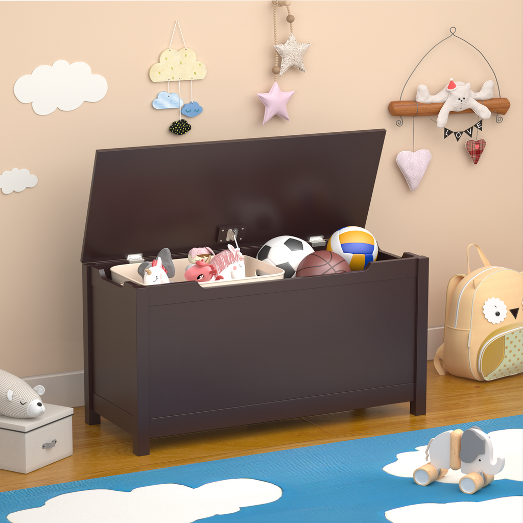 Kids Wooden Toy Box Storage with Safety Hinged Lid for Ages 2+ (Coffee) - Grand Goldman