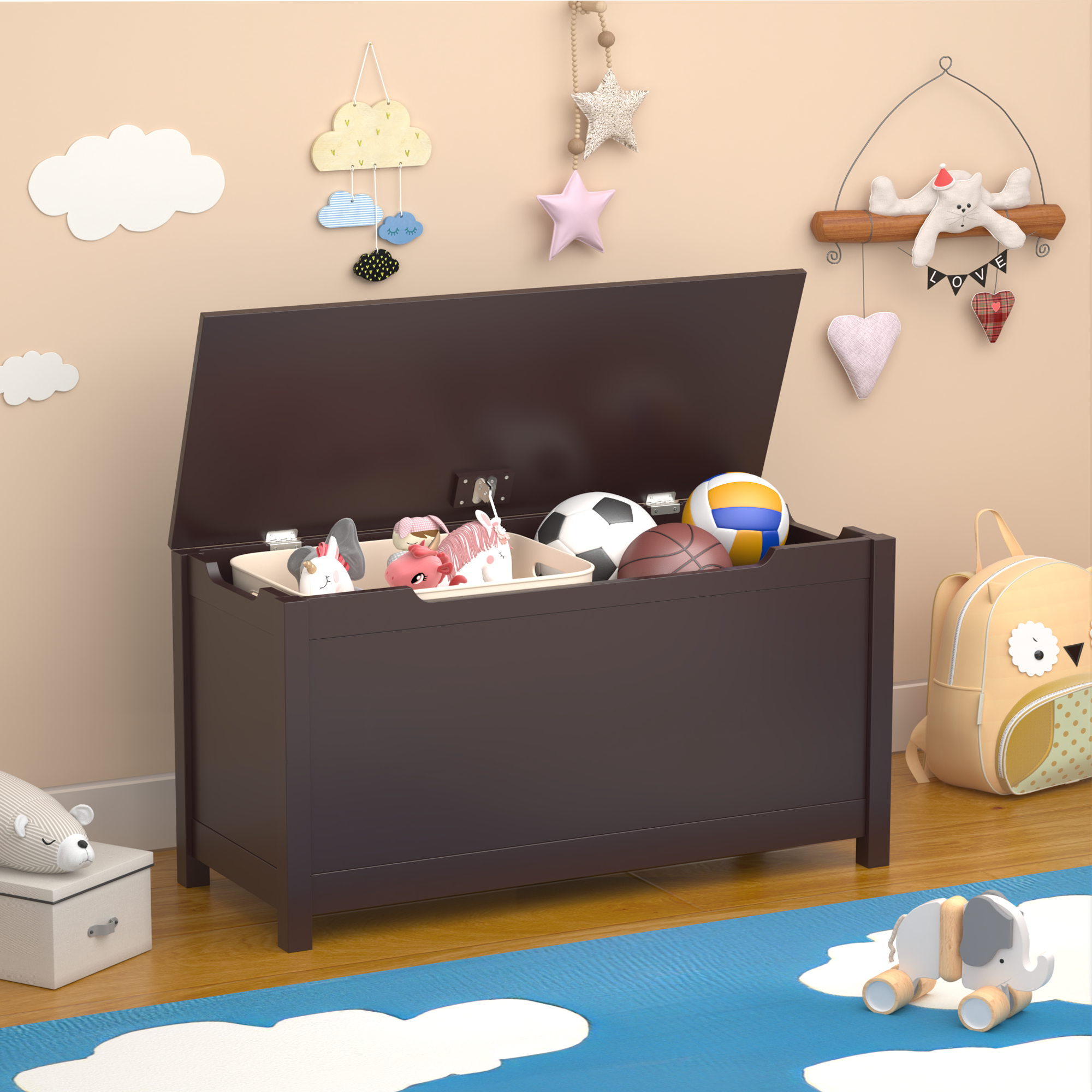 Kids Wooden Toy Box Storage with Safety Hinged Lid for Ages 2+ (Coffee) - Grand Goldman