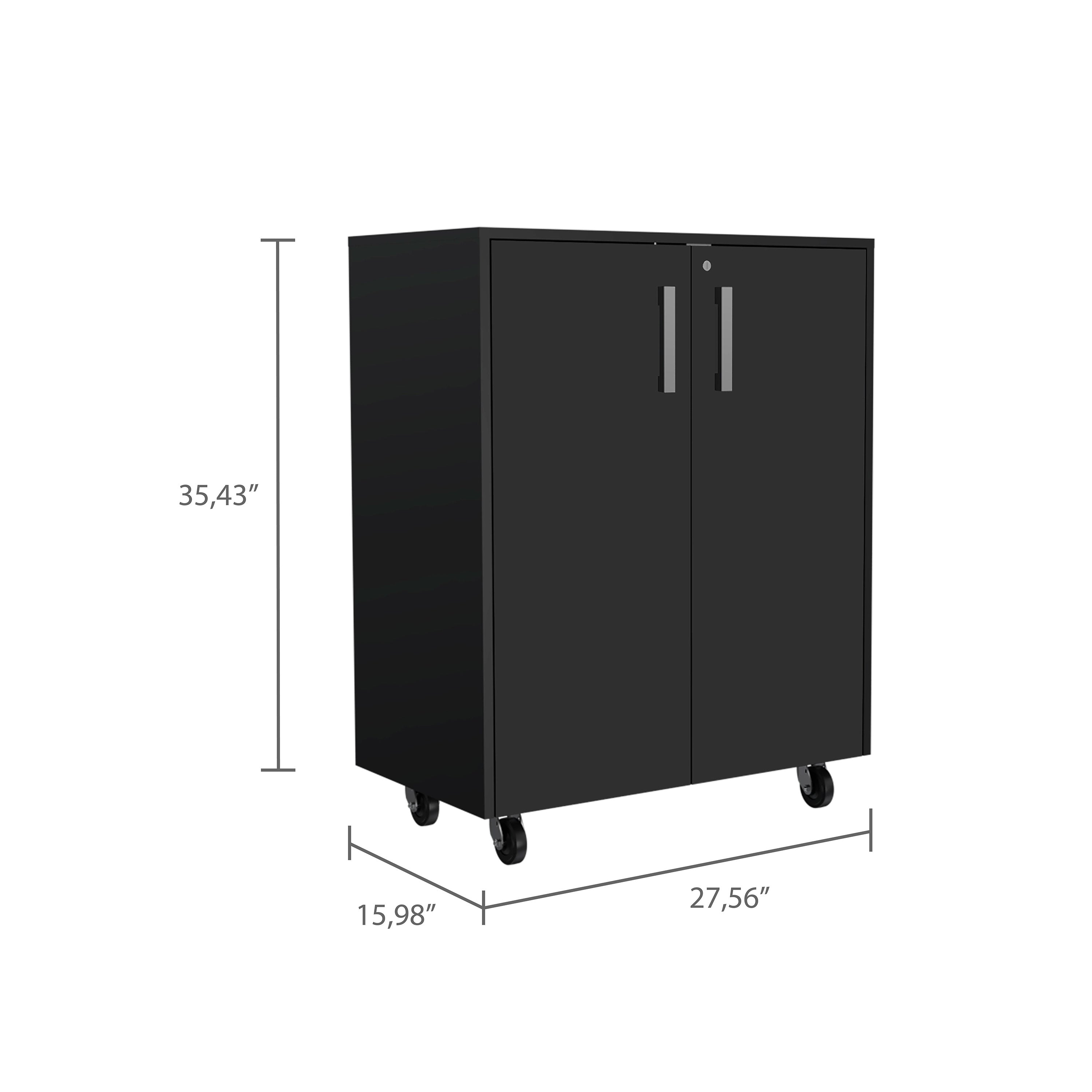 Storage Cabinet, Casters, Double Door, Two Interior Shelves -Black - Grand Goldman