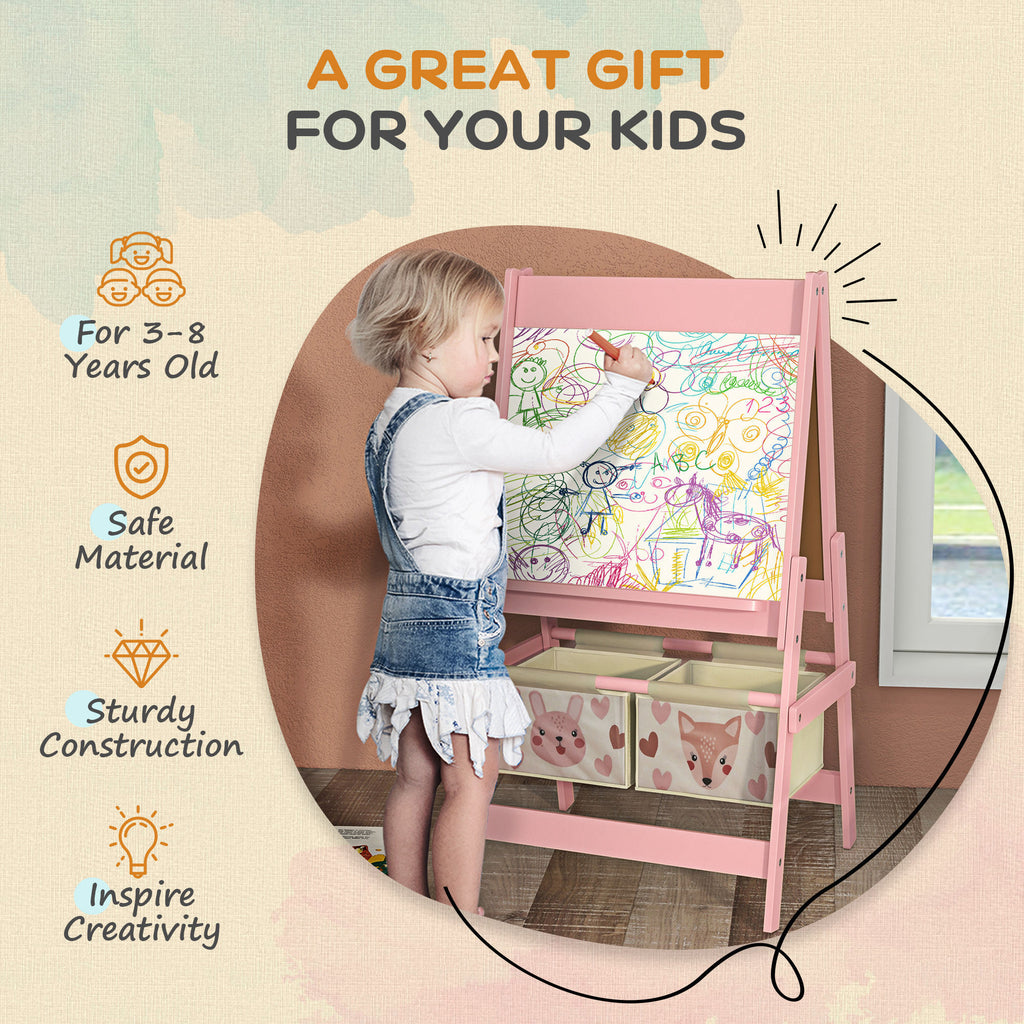 Qaba Art Easel for Kids with Paper Roll, 3 in 1 Toddler Painting Easel with Blackboard, Whiteboard, Storage Baskets, Pink - G