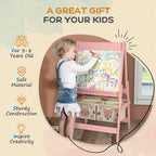 Qaba Art Easel for Kids with Paper Roll, 3 in 1 Toddler Painting Easel with Blackboard, Whiteboard, Storage Baskets, Pink - G