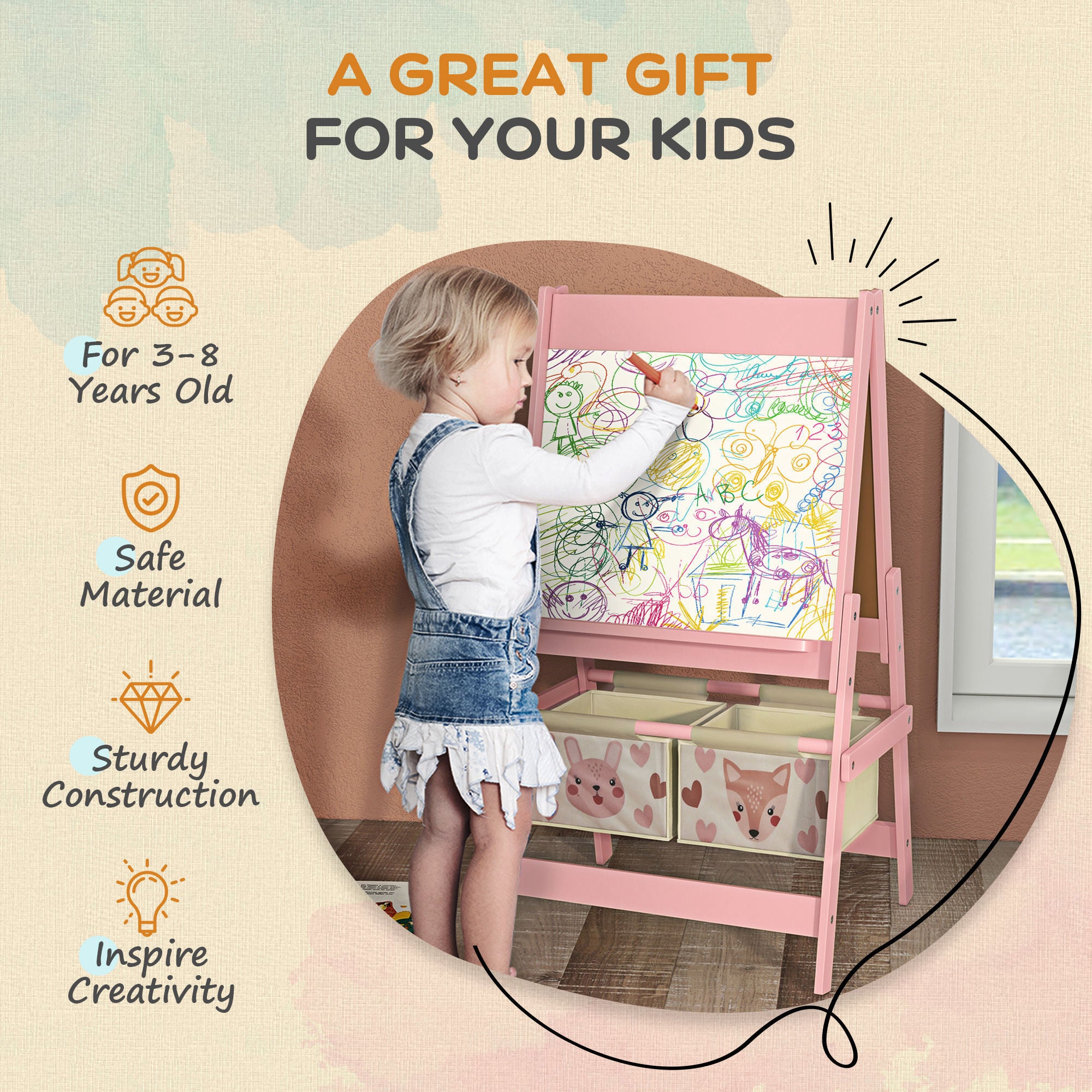 Qaba Art Easel for Kids with Paper Roll, 3 in 1 Toddler Painting Easel with Blackboard, Whiteboard, Storage Baskets, Pink - G