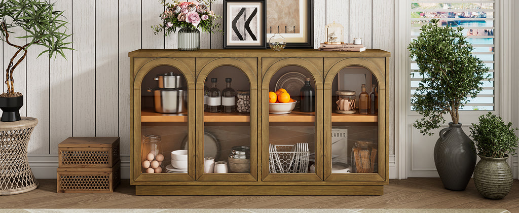 TREXM 4-Door Large Storage Buffet Cabinet with Glass Doors, Arched Cabinet with Adjustable Shelves for Kitchen, Dining Room and Living Room (Old Pine) - Grand Goldman Shop