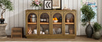 TREXM 4-Door Large Storage Buffet Cabinet with Glass Doors, Arched Cabinet with Adjustable Shelves for Kitchen, Dining Room and Living Room (Old Pine) - Grand Goldman Shop