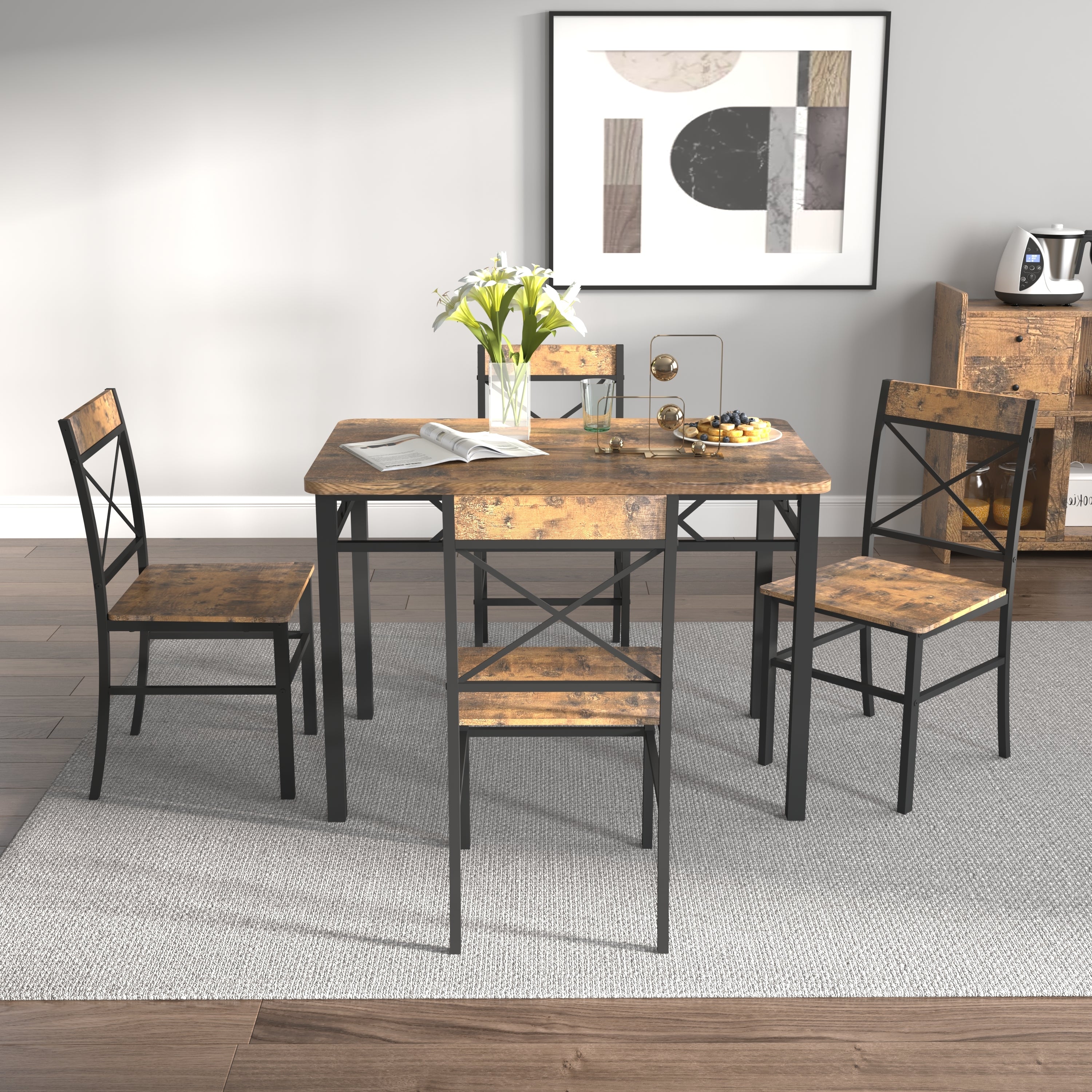 Dining Table Set for 4, Wood Kitchen Table with  Chairs Dinning Table Set for Kitchen & Dining Room, Compact Dining Set for Small Spaces, Rustic Brown - Grand Goldman Shop