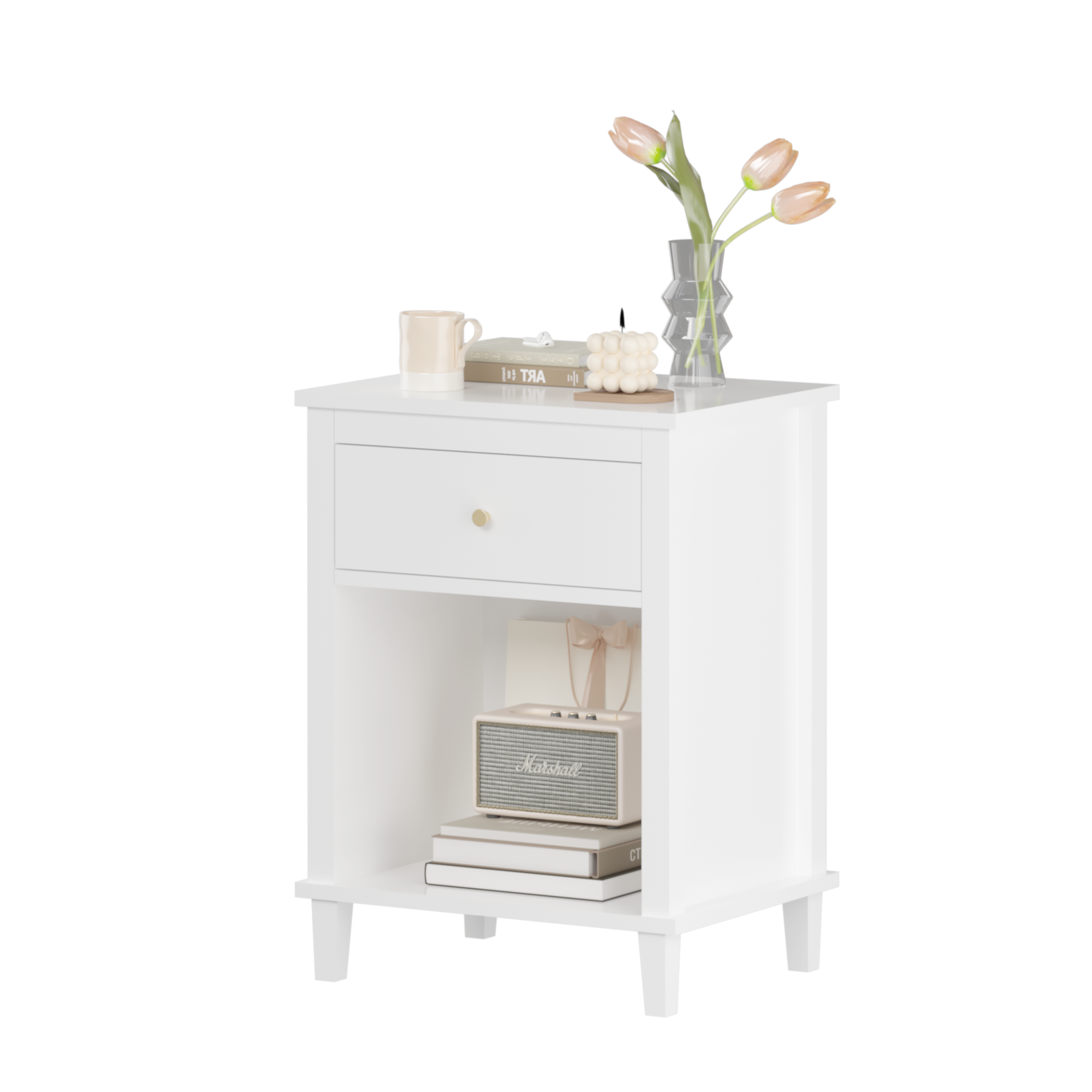 26.77''H White Wooden Nightstand with One Drawer and Shelf, Golden Handle, MDF Construction for Kids and Adults - Grand Goldman Shop