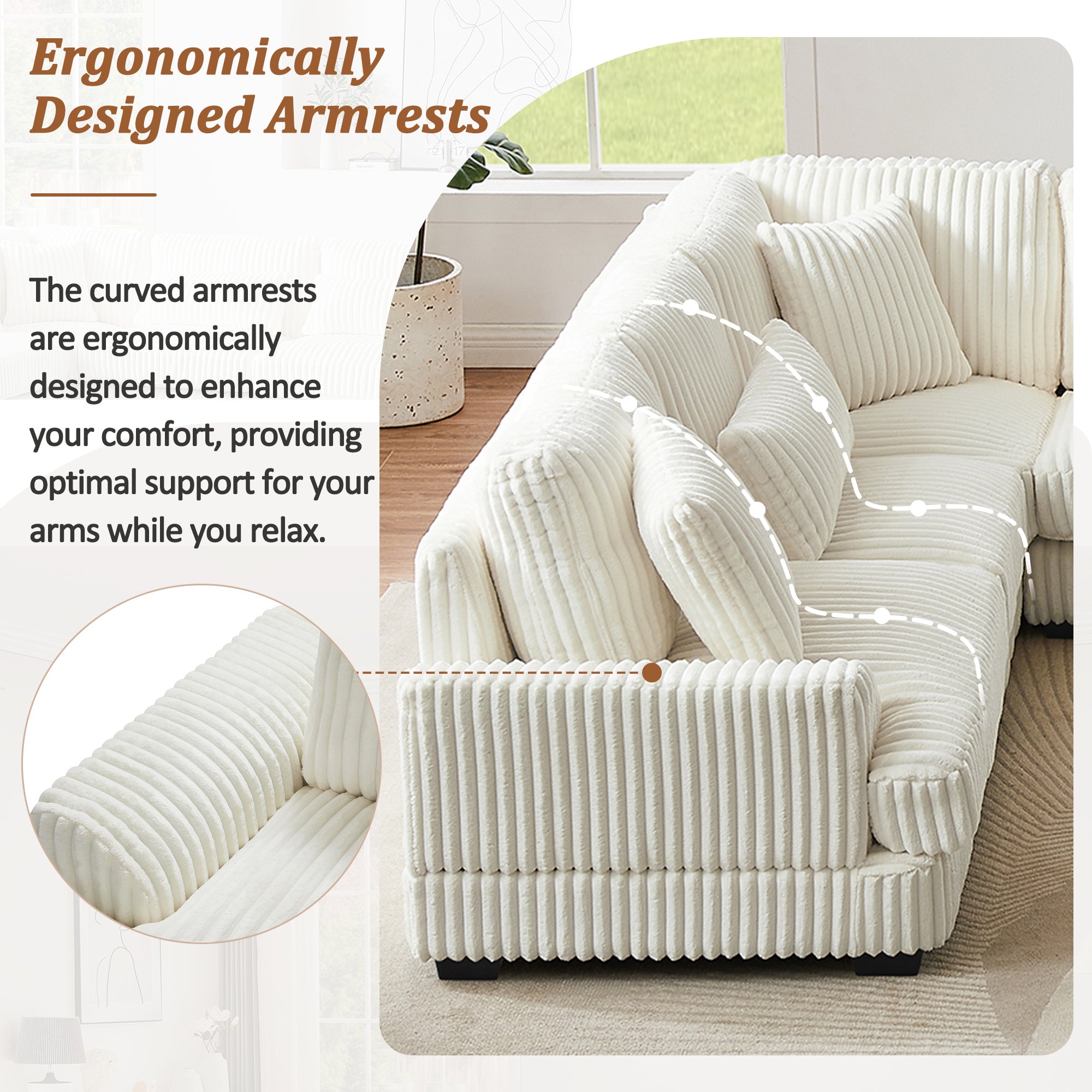Modern Oversized U-shaped Sectional Sofa with Chaise Lounge in Beige Corduroy, 129' - Grand Goldman Shop