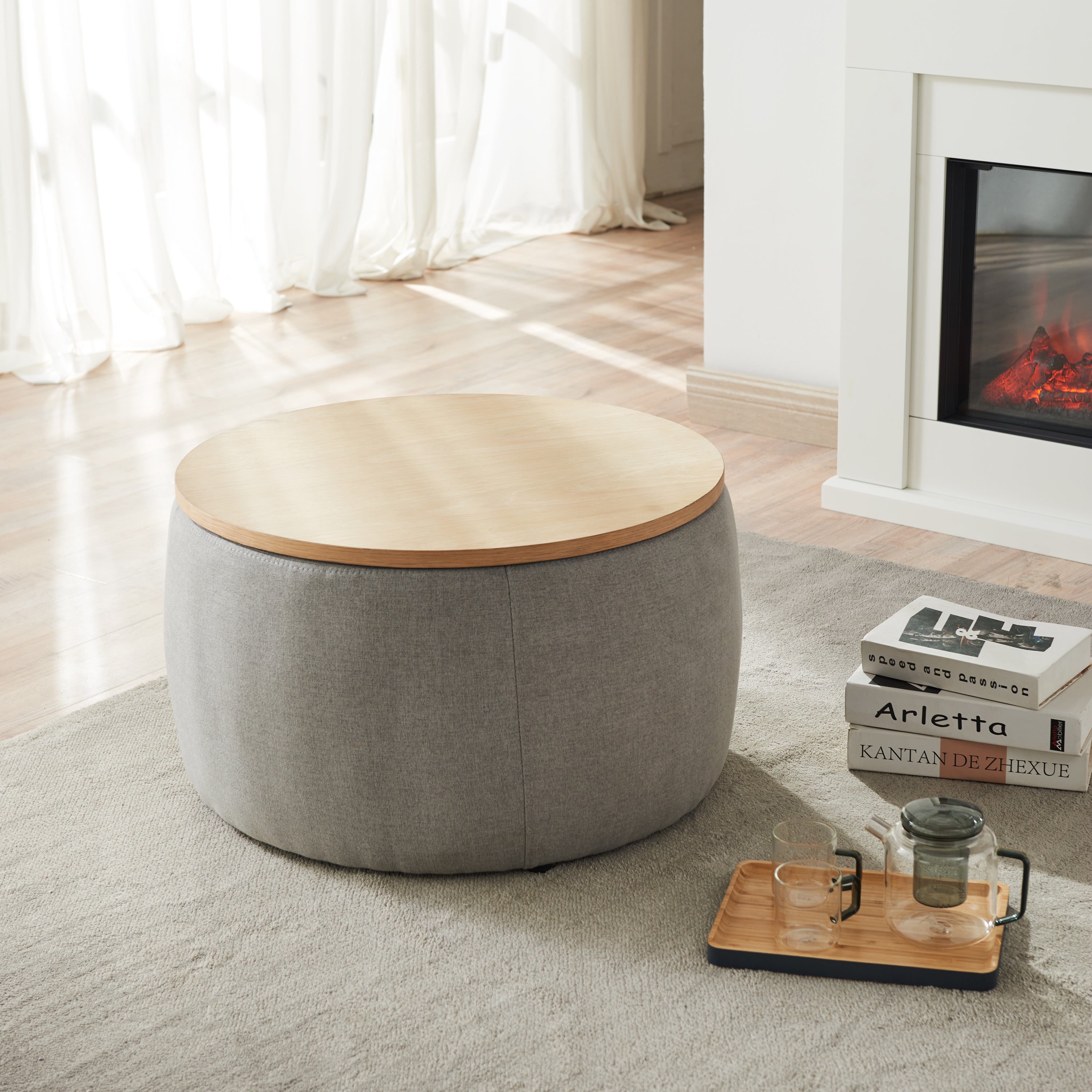 Round Storage Ottoman, 2 in 1 Function, Work as End table and Ottoman, Dark Grey (25.5'x25.5'x14.5') - Grand Goldman Shop