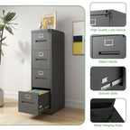 Premium 4 Drawer File Cabinet with Lock Metal Vertical File Cabinet for Office or Home in Black Steel, A4 Legal/Letter Size |