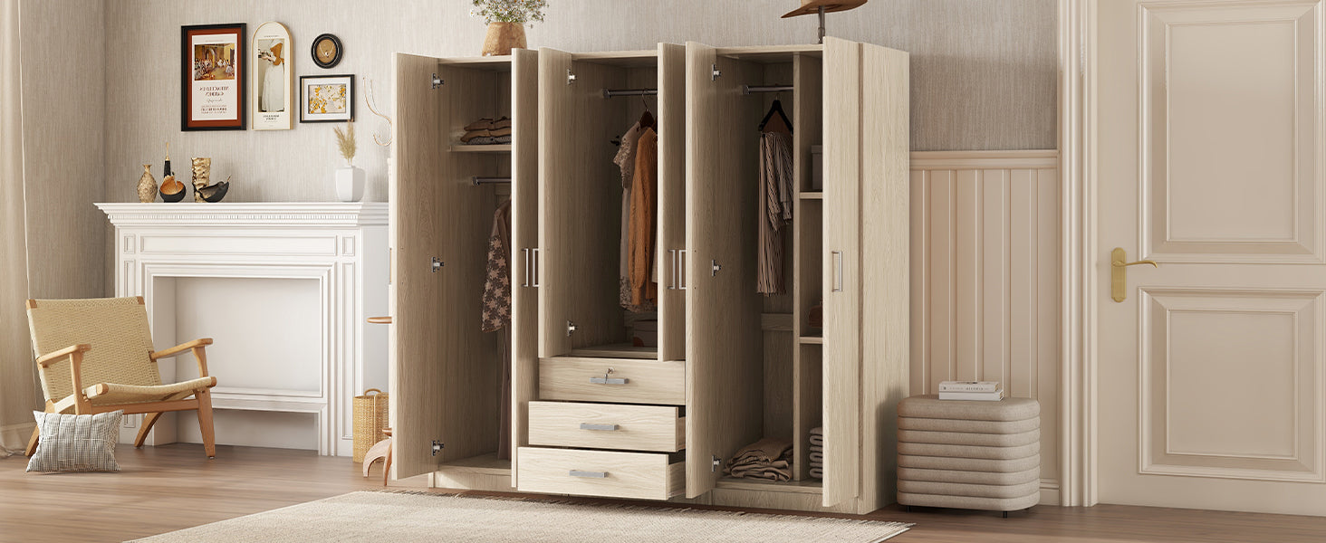 6-Doors Wooden Wardrobe Storage for Bedroom, with Big Drawers, Natural - Grand Goldman Shop