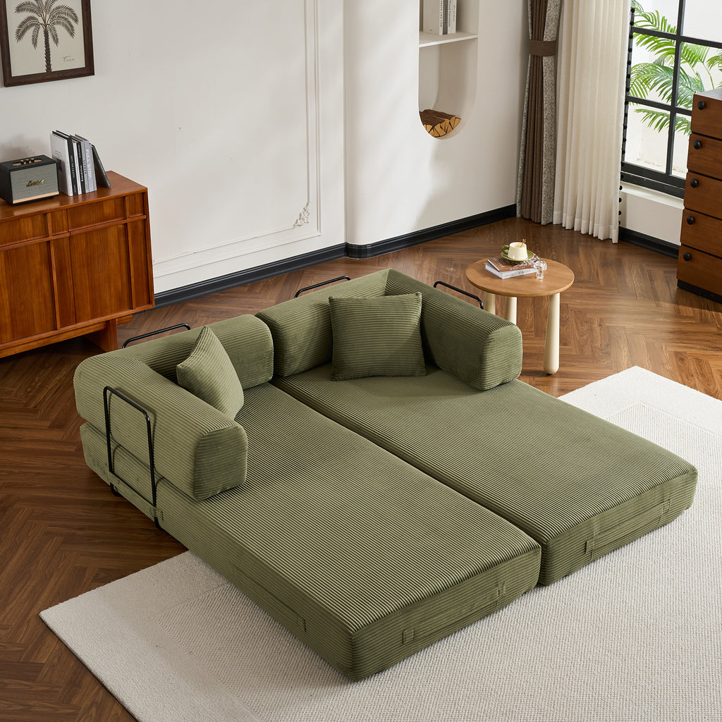 Convertible Sleeper Sofa Bed with Cylindrical Pillow, Corduroy Folding Mattress Couch with Fixed-Shape Frame, Floor Sofa Lounge Couch for Living Room Bedroom (Green) - Grand Goldman Shop