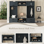 4-in-1 Detachable Hall Tree with Storage and 7 Hooks, Multiple Functions Hallway Coat Rack with Storage Drawers and Cabinet, Antique Blue Shoe Bench for Entryway Hallway - Grand Goldman Shop