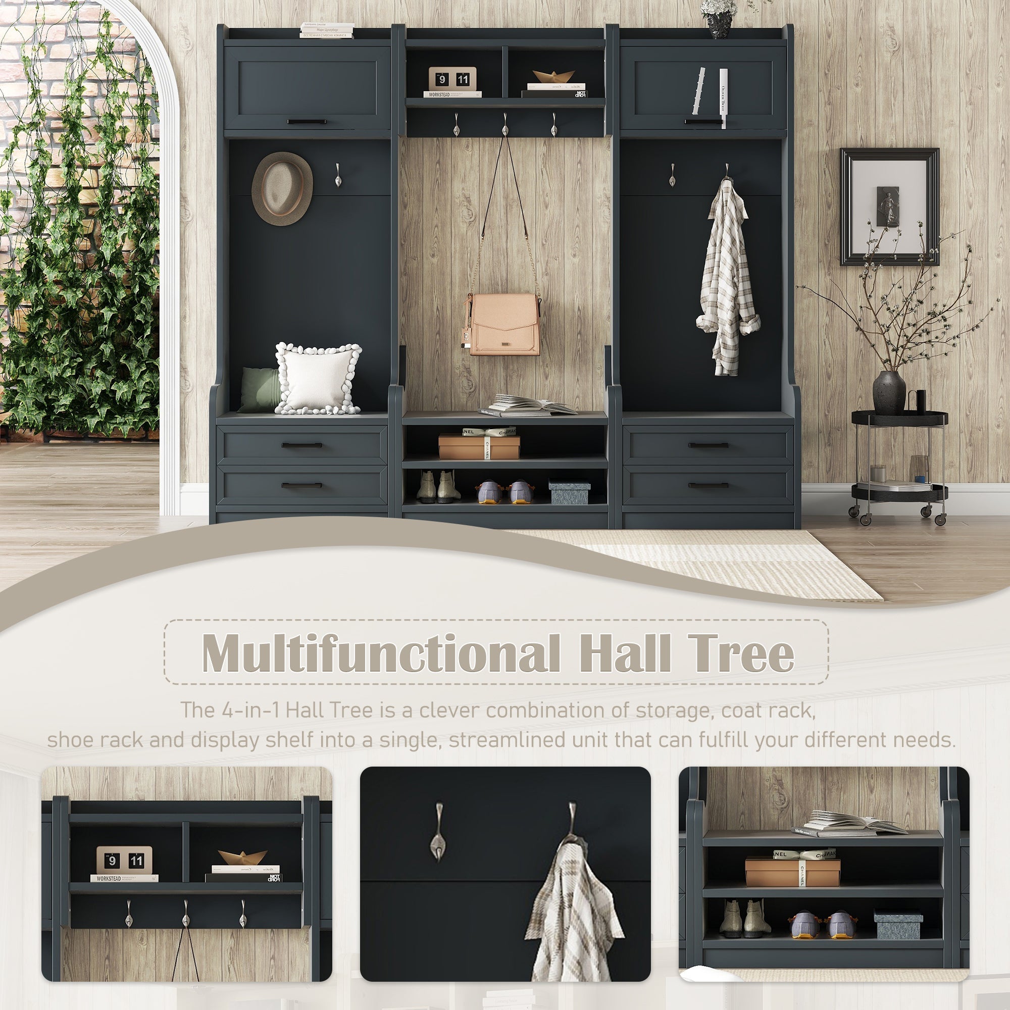 4-in-1 Detachable Hall Tree with Storage and 7 Hooks, Multiple Functions Hallway Coat Rack with Storage Drawers and Cabinet, Antique Blue Shoe Bench for Entryway Hallway - Grand Goldman Shop