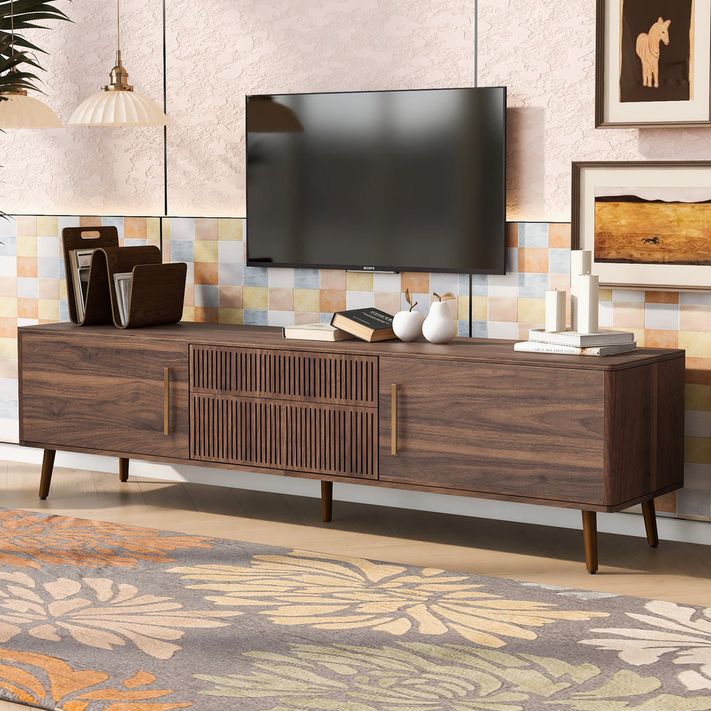 Mid Century TV Stand with 2 Drawers, Media Console Table for TVs up to 80'', Walnut Finish Solid Wood and MDF Entertainment Center for Living Room, Bedroom, Home Theatre - Grand Goldman Shop