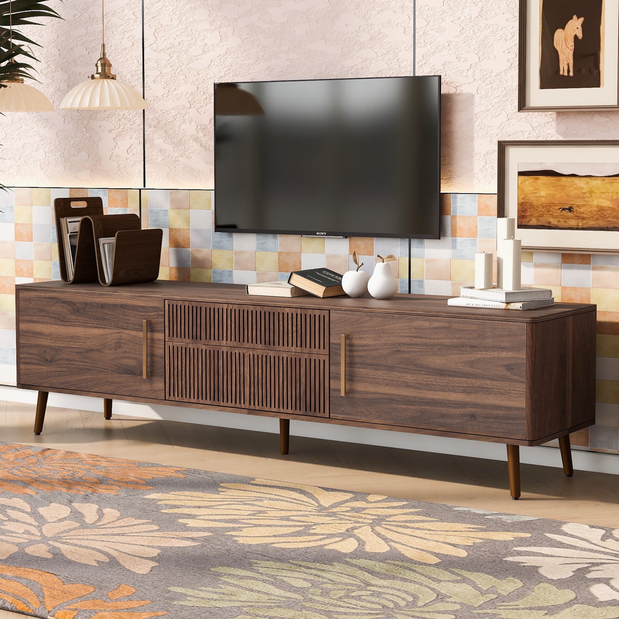 Mid Century TV Stand with 2 Drawers, Media Console Table for TVs up to 80'', Walnut Finish Solid Wood and MDF Entertainment Center for Living Room, Bedroom, Home Theatre - Grand Goldman Shop