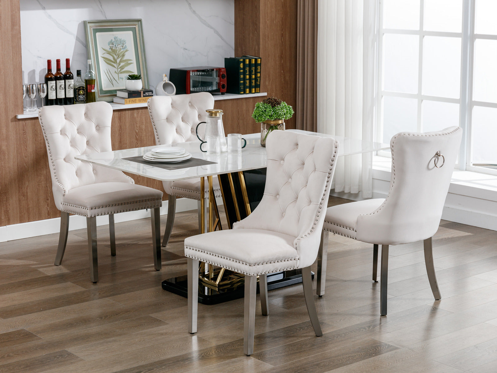 Nikki Collection Modern, High-end Tufted Solid Wood Contemporary Velvet Upholstered Dining Chair with Chrome Stainless Steel Plating Legs,Nailhead Trim,Set of 2，Beige and Chrome, SW1701BG - Grand Goldman Shop