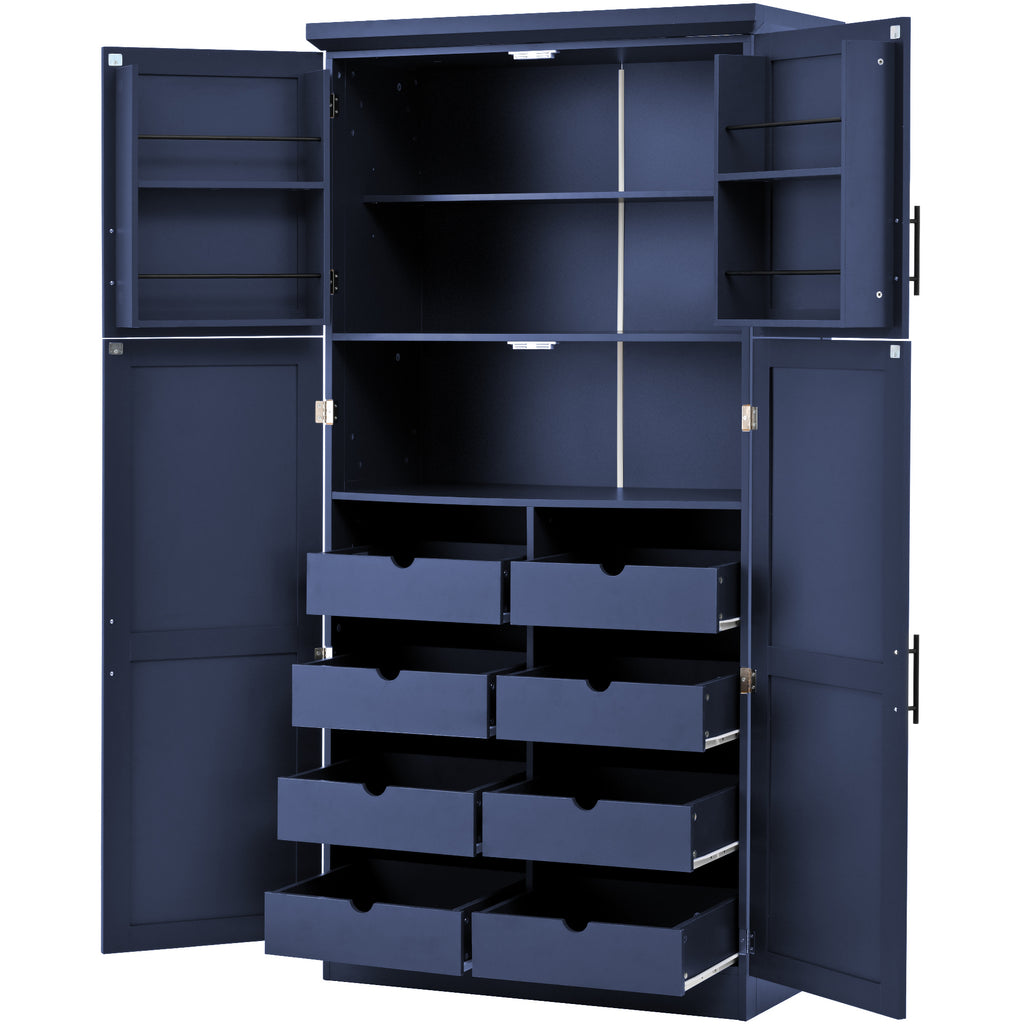 [Assembly Video Provided] TOPMAX 35.5x17.6x70.9inch Freestanding Kitchen Pantry Cabinet, Tall Storage Cabinet with 4 Doors, 2 Door Shelves, 8 Pull-out Trays and Adjustable Shelf for Dining Room, Blue - Grand Goldman Shop