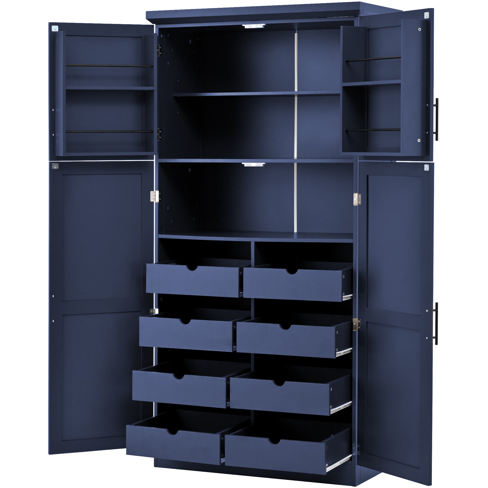 [Assembly Video Provided] TOPMAX 35.5x17.6x70.9inch Freestanding Kitchen Pantry Cabinet, Tall Storage Cabinet with 4 Doors, 2 Door Shelves, 8 Pull-out Trays and Adjustable Shelf for Dining Room, Blue - Grand Goldman Shop