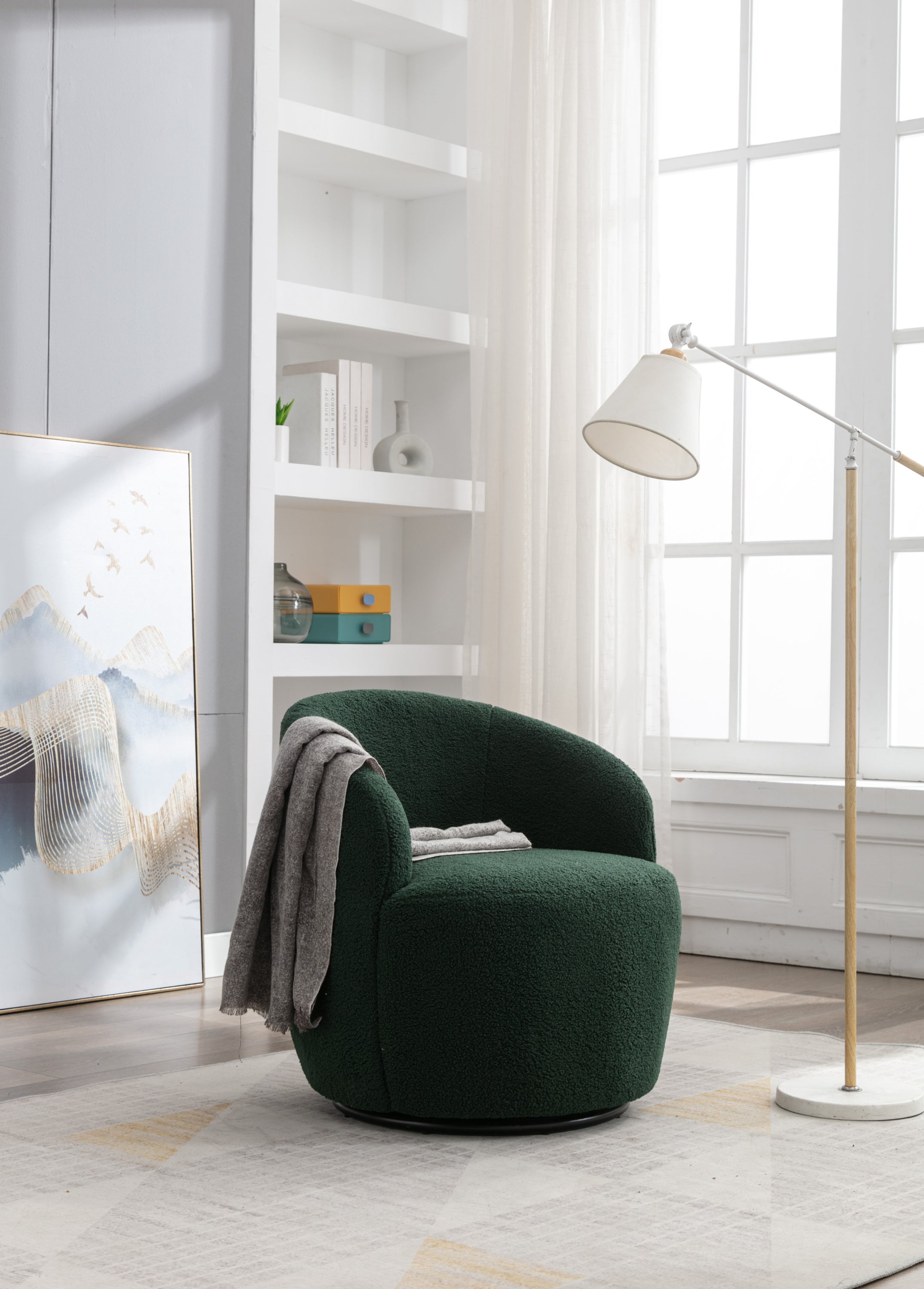 Teddy Fabric Swivel Accent Armchair Barrel Chair With Black Powder Coating Metal Ring,Dark Green - Grand Goldman Shop