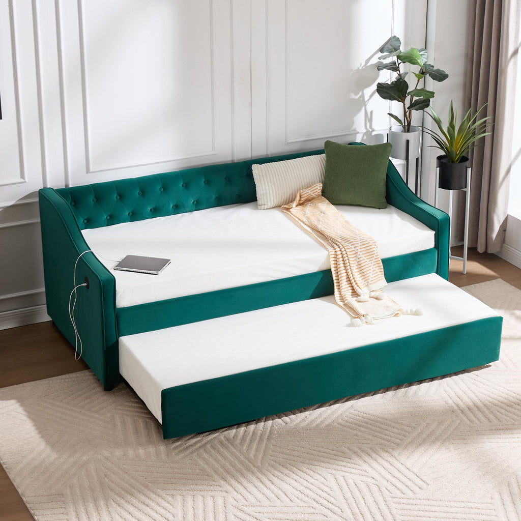 Twin Size Upholstered Daybed with Trundle,USB Port ,Side Pockets,Velvet Daybed with Button on Back and Piping on Waved Shape Arms for Bedroom Guest Room - Grand Goldman Shop