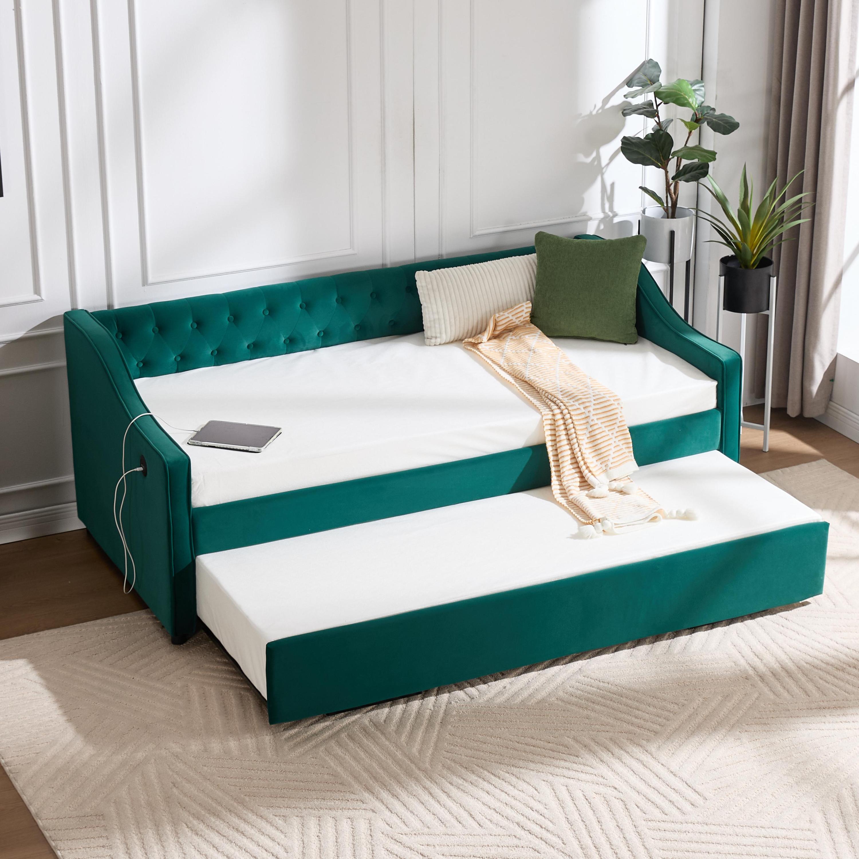 Twin Size Upholstered Daybed with Trundle,USB Port ,Side Pockets,Velvet Daybed with Button on Back and Piping on Waved Shape Arms for Bedroom Guest Room - Grand Goldman Shop