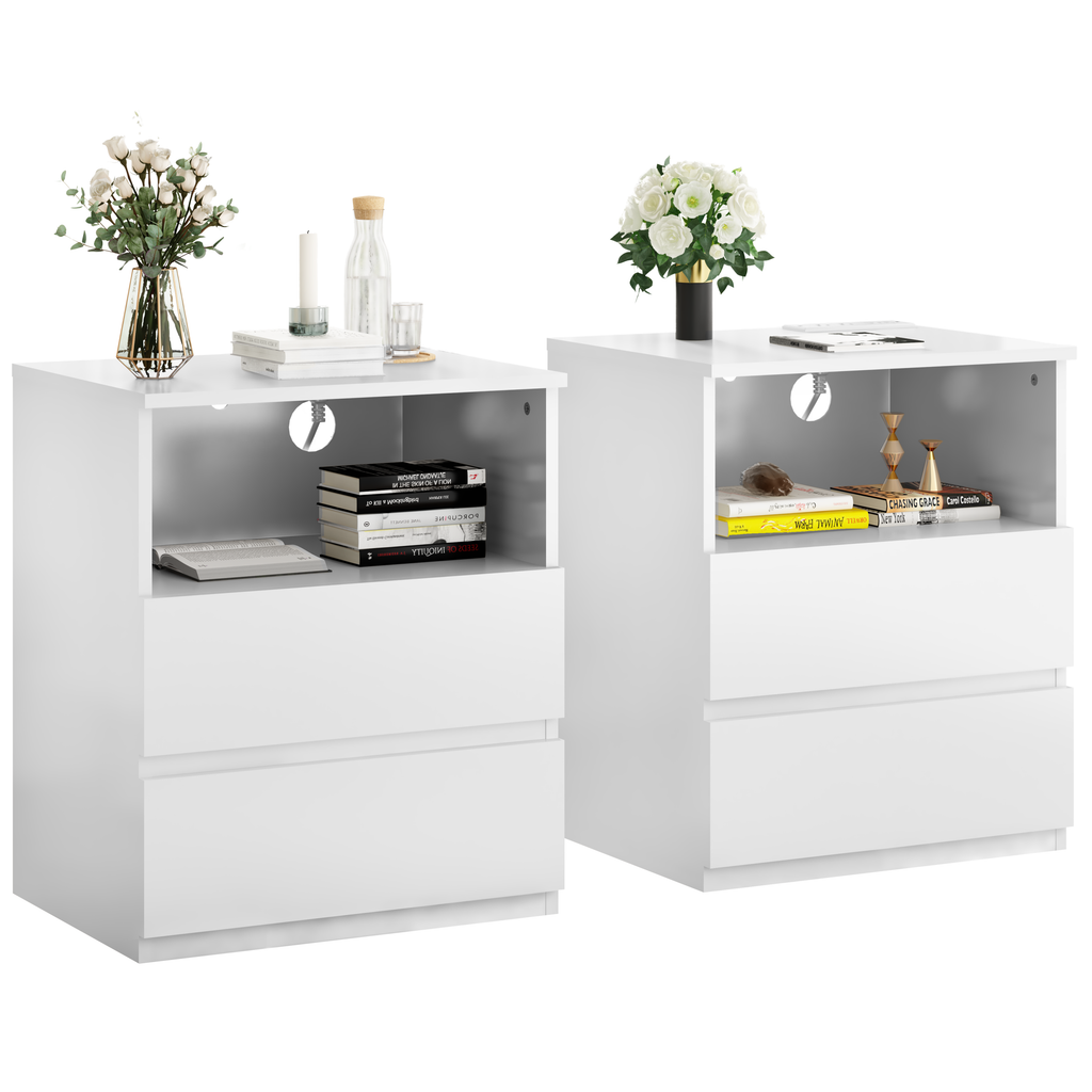 (Set of 2)End Table with Fast USB C Charging Station, Sofa Side Table with 2 Drawers, Large Storage Modern Wood Storage Cabinet for Living Room,Bedroom,Office, White - Grand Goldman Shop