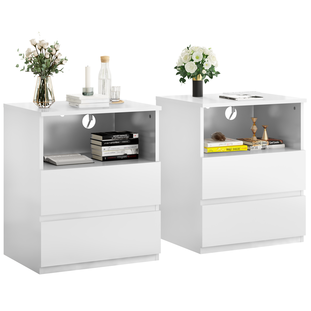 (Set of 2)End Table with Fast USB C Charging Station, Sofa Side Table with 2 Drawers, Large Storage Modern Wood Storage Cabinet for Living Room,Bedroom,Office, White - Grand Goldman Shop