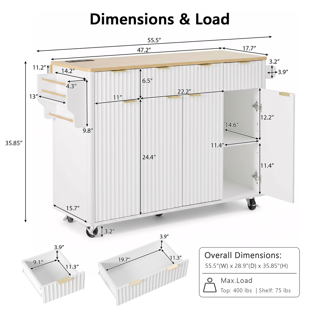 K&K Fluted Kitchen Island with Storage, 55.5' Kitchen Island with Drop Leaf, Power Outlet, 4 Doors and 3 Drawers, Rolling Island Table with Wood-grain Top, Curved Edge for Kitchen,Dining Room White - Grand Goldman Shop