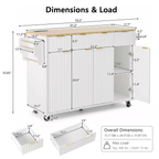 K&K Fluted Kitchen Island with Storage, 55.5' Kitchen Island with Drop Leaf, Power Outlet, 4 Doors and 3 Drawers, Rolling Island Table with Wood-grain Top, Curved Edge for Kitchen,Dining Room White - Grand Goldman Shop
