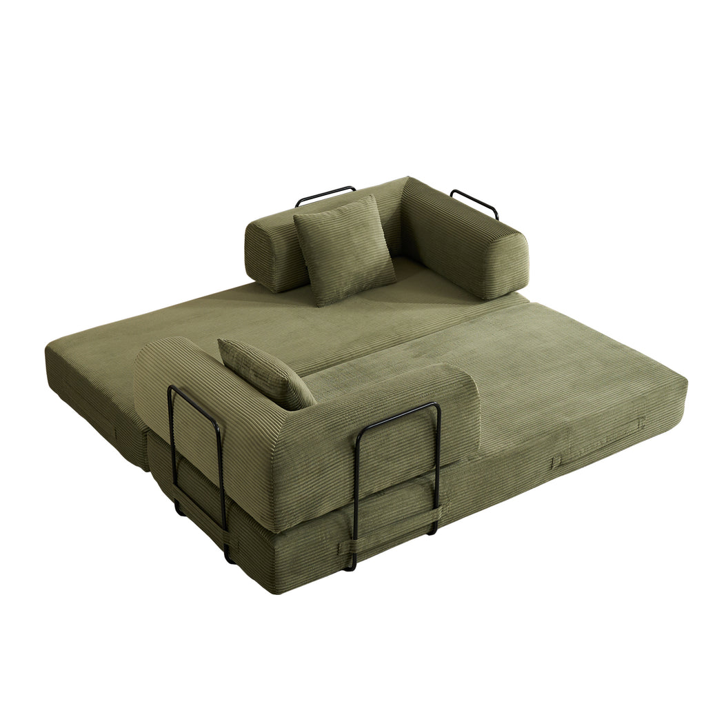 Convertible Sleeper Sofa Bed with Cylindrical Pillow, Corduroy Folding Mattress Couch with Fixed-Shape Frame, Floor Sofa Lounge Couch for Living Room Bedroom (Green) - Grand Goldman Shop