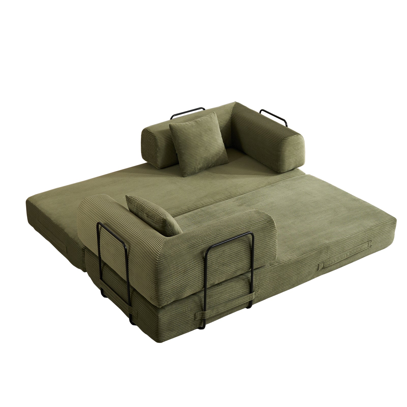 Convertible Sleeper Sofa Bed with Cylindrical Pillow, Corduroy Folding Mattress Couch with Fixed-Shape Frame, Floor Sofa Lounge Couch for Living Room Bedroom (Green) - Grand Goldman Shop
