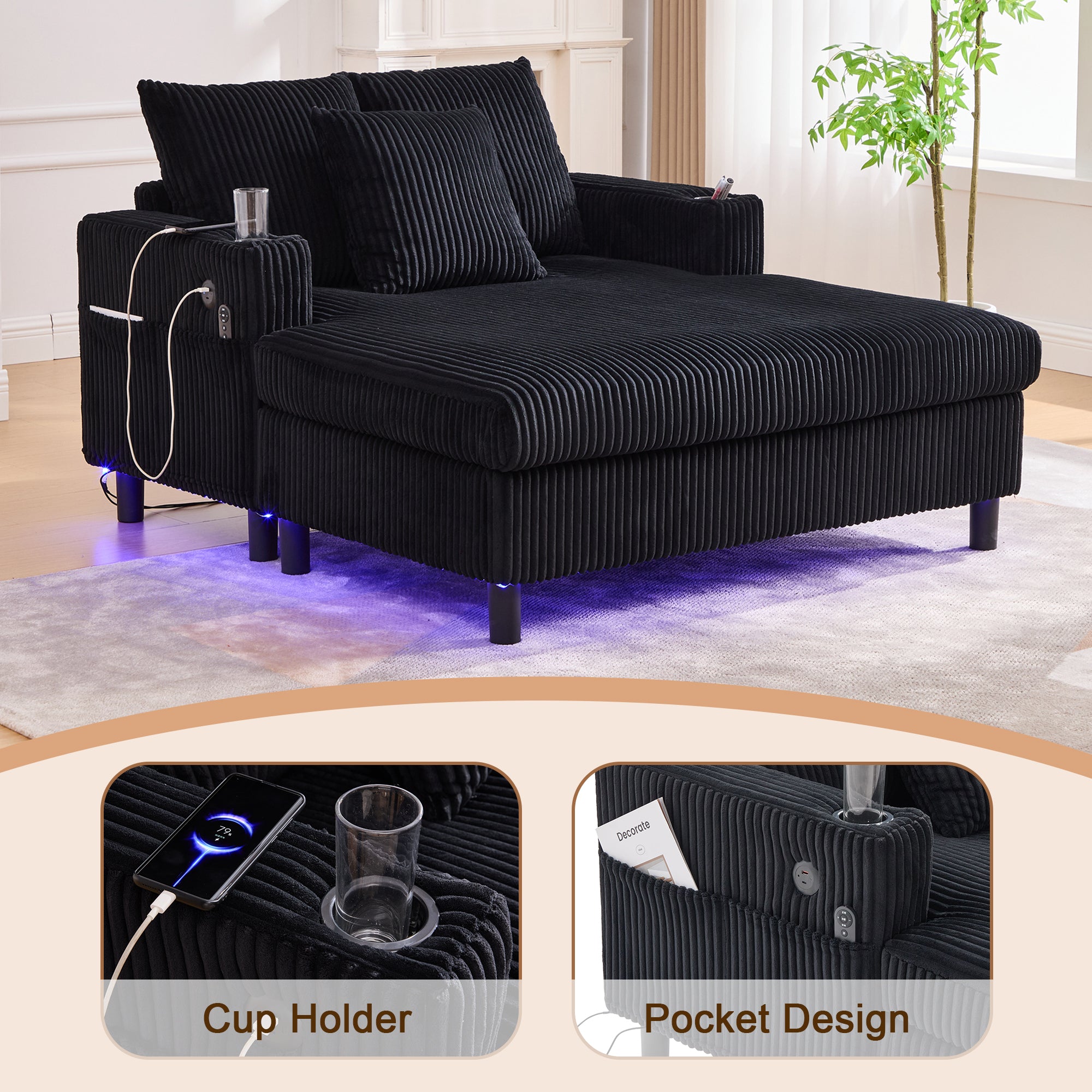 UNITED WE WIN Modern Corduroy Oversized Recliner Sofa with Deep Seat, 3 Pillows, USB Charging, RGB LED Light Strip, Cup Holder, Side Pocket - Suitable for Living Room and Bedroom - Grand Goldman Shop