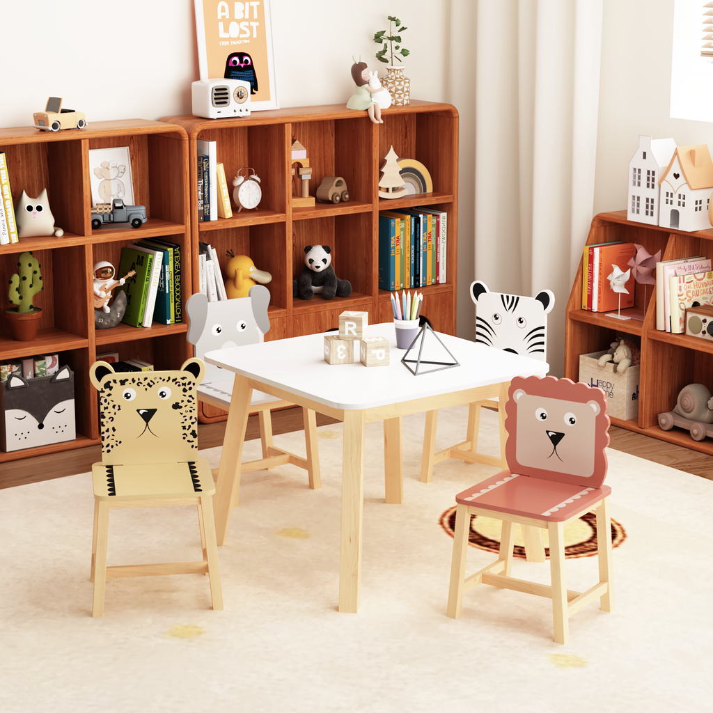Kids Wood Table and Chair Set with Cartoon Animals Design, White Solid Wood & MDF Furniture for Ages 3-8, 5-Piece Table and C