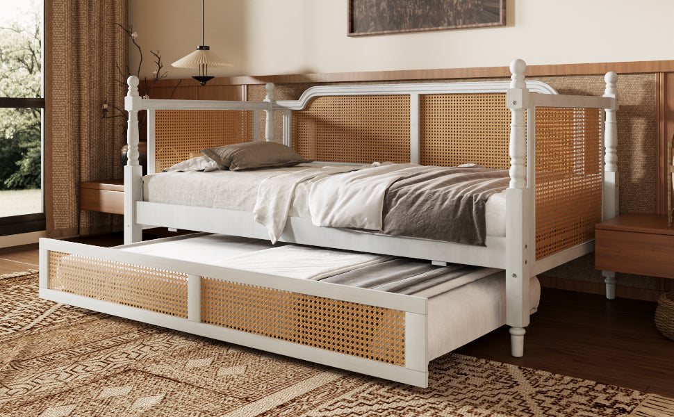 Traditional Style Rattan Twin Size Daybed with 2 Drawers, Antique White, Solid Pine Wood & MDF - Grand Goldman Shop