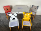 Kids Wood Table and Chair Set with Cartoon Animals Design, White Solid Wood & MDF Furniture for Ages 3-8, 5-Piece Table and C