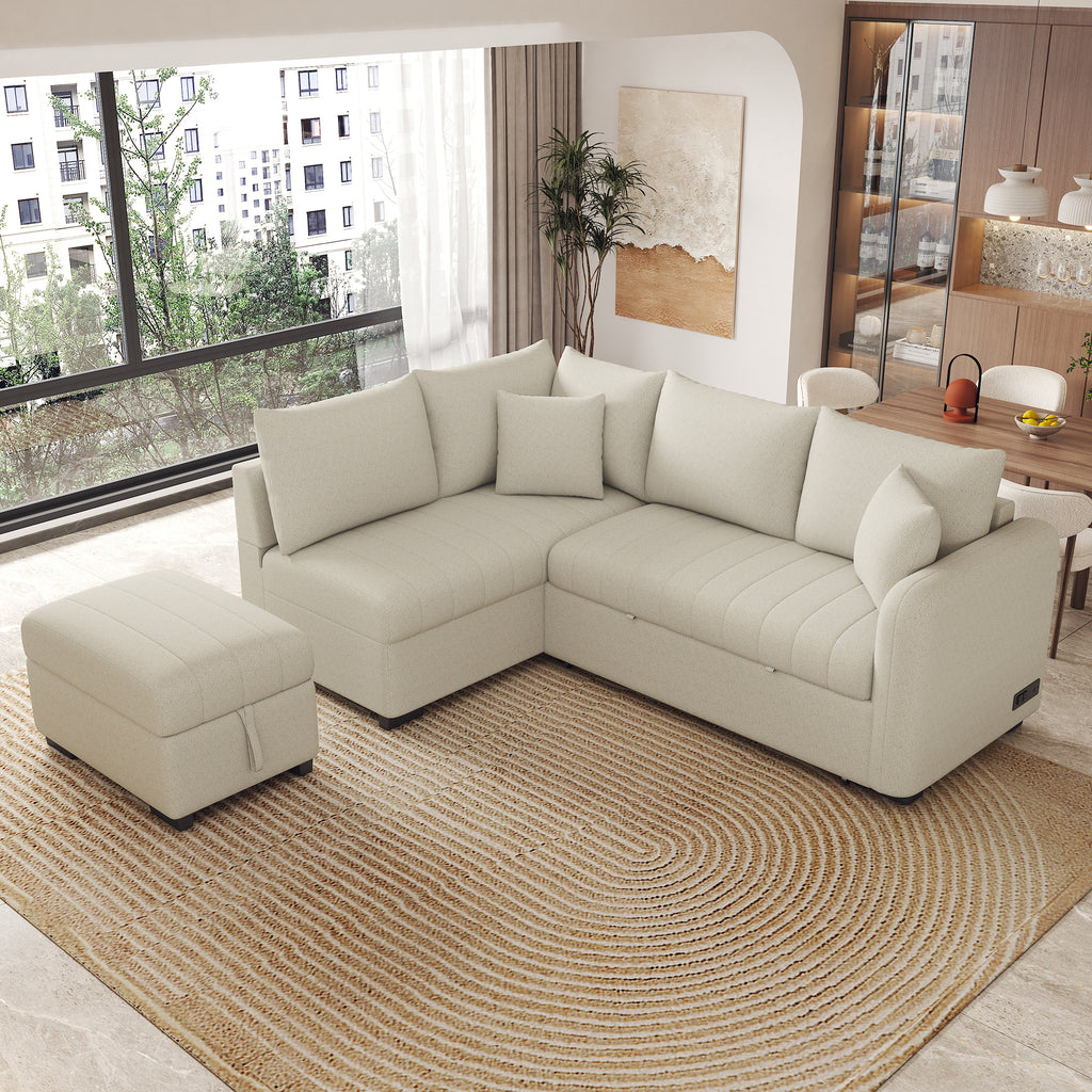 Modern L-shaped Sectional Pull Out Sofa Bed with USB Ports and Storage Ottoman, Beige, Jacquard Fabric, 82.6' - Grand Goldman Shop