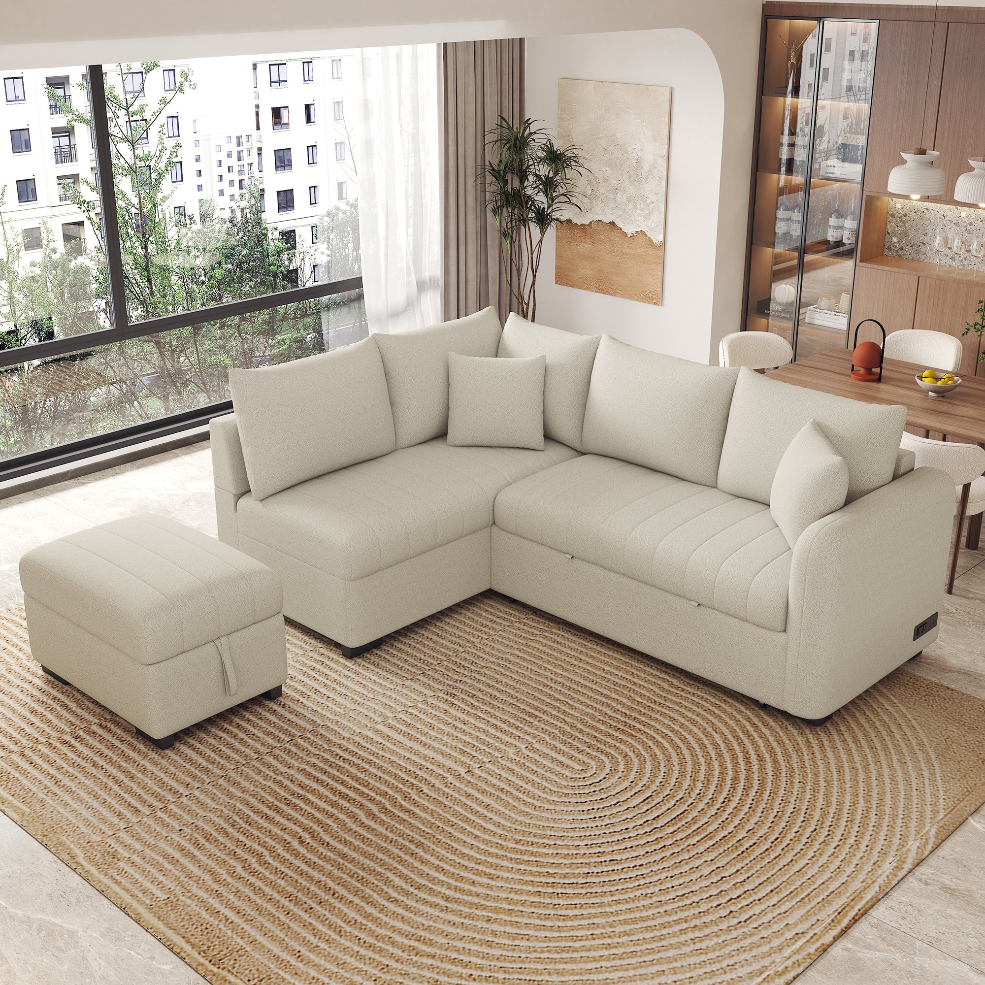 Modern L-shaped Sectional Pull Out Sofa Bed with USB Ports and Storage Ottoman, Beige, Jacquard Fabric, 82.6' - Grand Goldman Shop