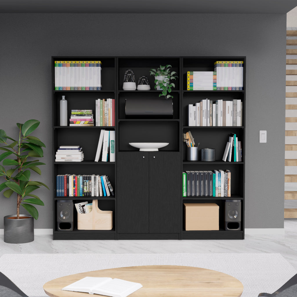 Lecanto 3 Piece Home Bookcase set, 74' Wide with 13 Shelves and Two-Door Cabinet ,  Living Room Set Set  Black | Premium Home