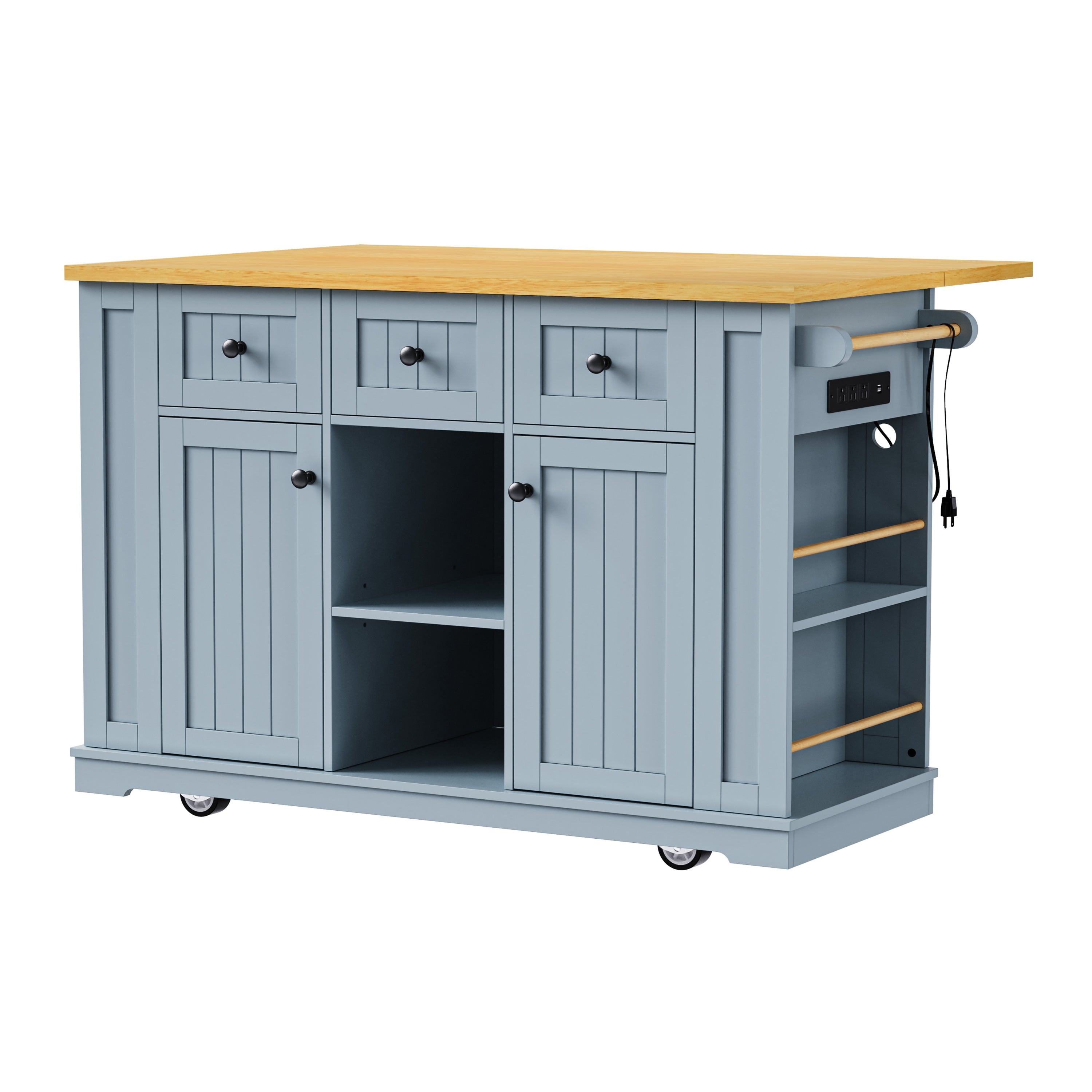 K&K 53inch Large Kitchen Island with 2 Bar Stools,Power Outlet,Door Internal Storage Rack,Kitchen Storage Cart on 5 Wheels with Drop Leaf,5 Open Side Racks,3 Drawers,Grey Blue (Three Packages) - Grand Goldman Shop