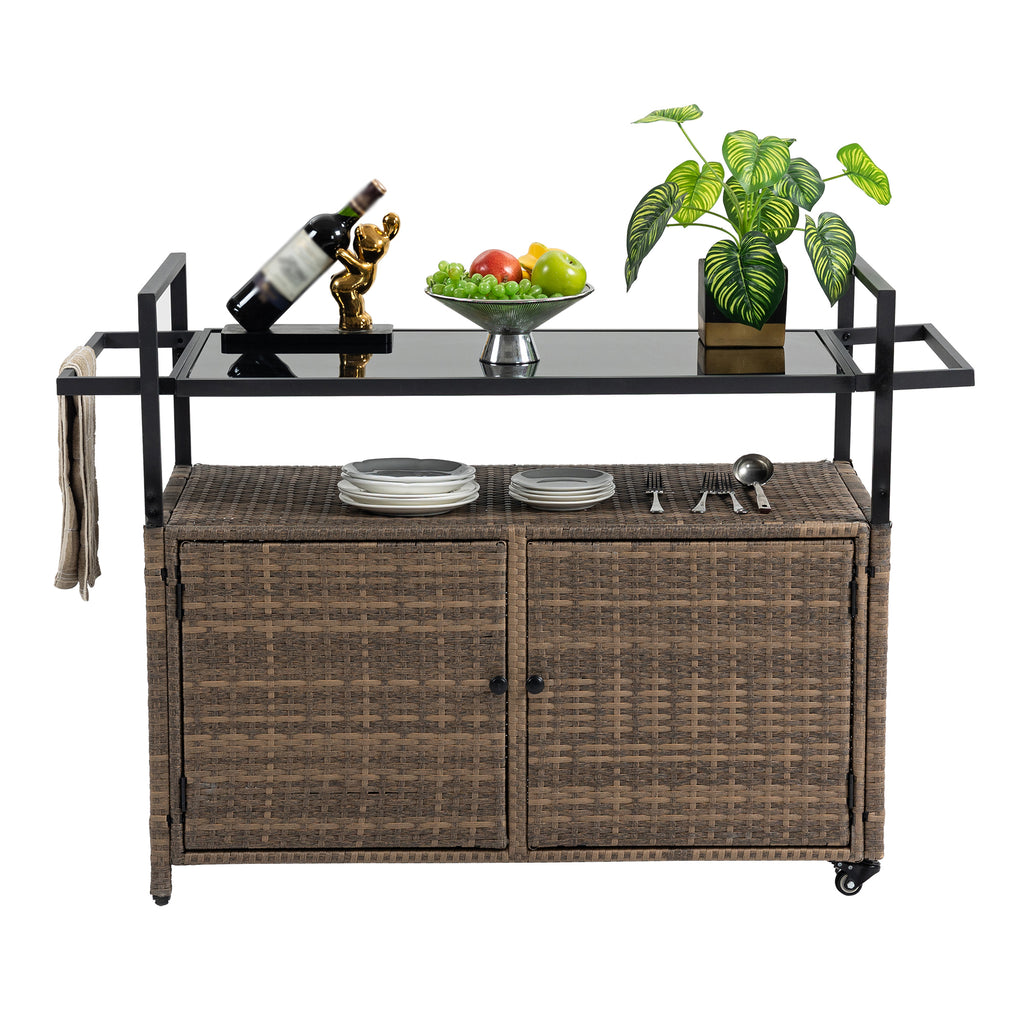 Outdoor Wicker Bar Cart, Patio Wine Serving Cart w/Wheels , Rolling Rattan Beverage Bar Counter Table w/Glass Top for Porch Backyard Garden Poolside Party, Light brown - Grand Goldman Shop