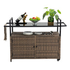 Outdoor Wicker Bar Cart, Patio Wine Serving Cart w/Wheels , Rolling Rattan Beverage Bar Counter Table w/Glass Top for Porch Backyard Garden Poolside Party, Light brown - Grand Goldman Shop