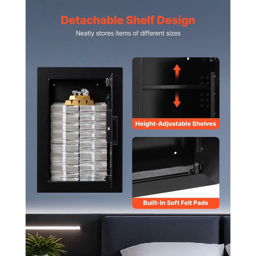 Wall Safe, 3-Tier Hidden Wall Safe with Fingerprint, Password, Key & Turning Knob, Q235 Cold-Rolled Steel In-Wall Box with Ad