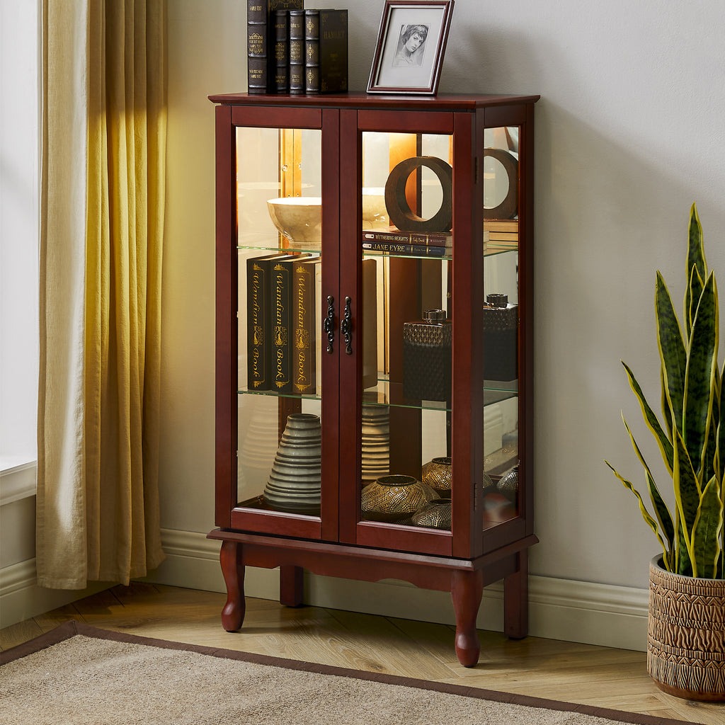 Lighted Curio Cabinet with Adjustable Shelves, Mirrored Back Panel, and Tempered Glass Doors, 3-Tier Cherry Finish - Grand Goldman Shop