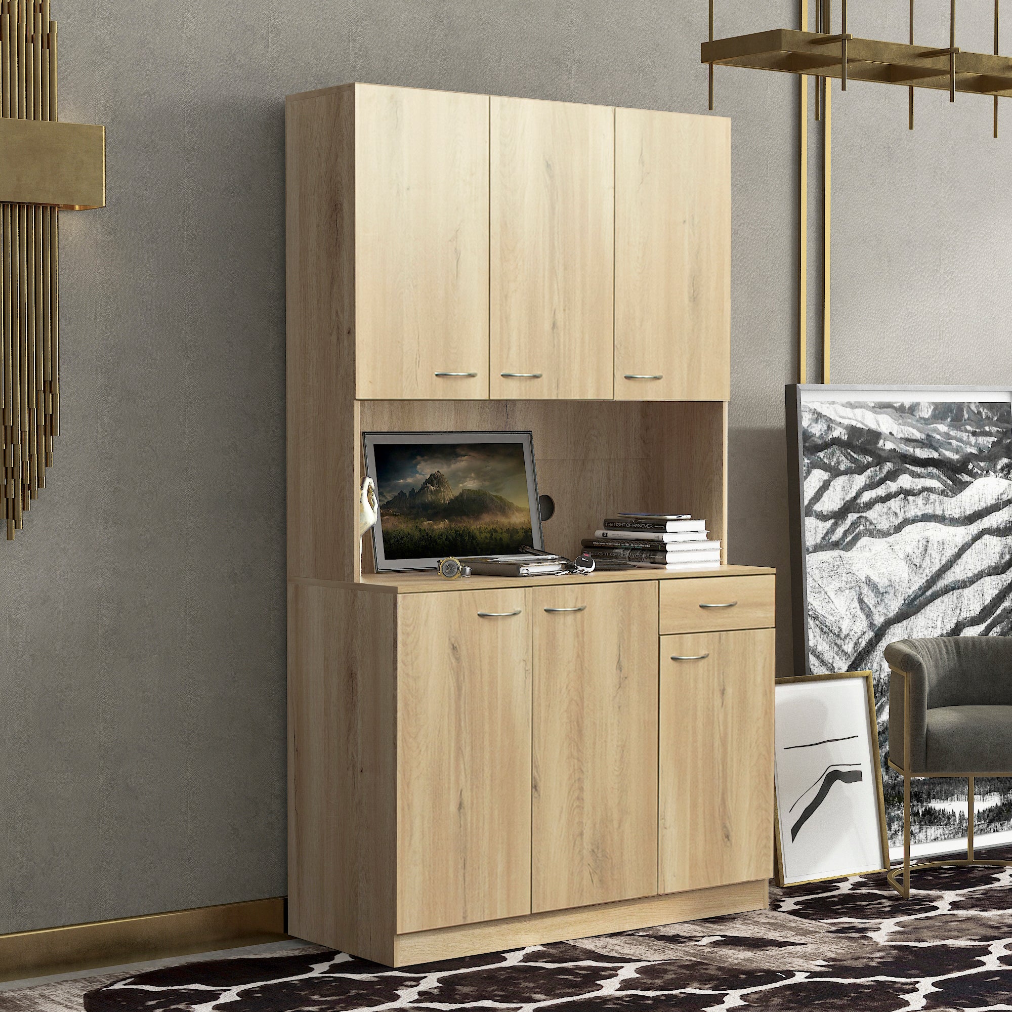 70.87' Tall Wardrobe& Kitchen Cabinet, with 6-Doors, 1-Open Shelves and 1-Drawer for bedroom,Rustic Oak - Grand Goldman Shop