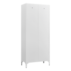 White Metal Adjustable 2-Door Storage Cabinet with Powder-Coated Steel, Striped Design, Gold Handles, 4 Adjustable Shelves fo