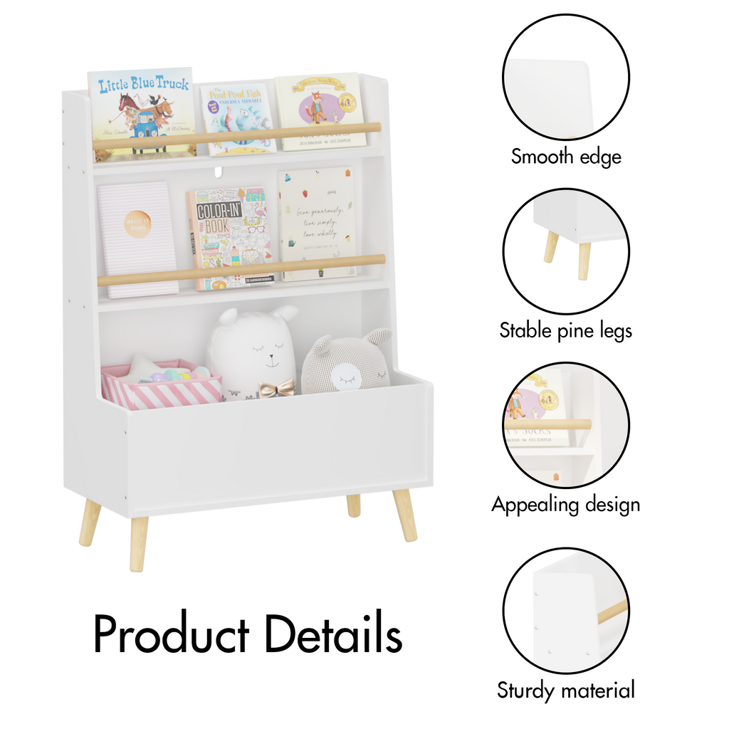 Kids Bookshelf White MDF and Pine Legs Book Organizer with Toy Storage, 26.77 x 12.60 x 36.61 inches - Grand Goldman
