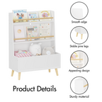 Kids Bookshelf White MDF and Pine Legs Book Organizer with Toy Storage, 26.77 x 12.60 x 36.61 inches - Grand Goldman