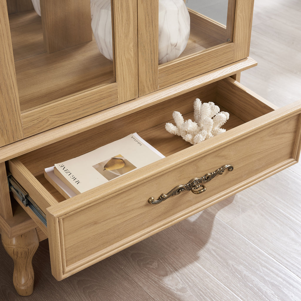 Curio Cabinet Lighted Glass Cabinet Glass Wine Cabinet Curio Display Cabinet with Adjustable Glass Shelves 2 Doors and 1 drawer Cabinet Sideboard With Bulb Included Light oak - Grand Goldman Shop