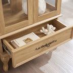 Curio Cabinet Lighted Glass Cabinet Glass Wine Cabinet Curio Display Cabinet with Adjustable Glass Shelves 2 Doors and 1 drawer Cabinet Sideboard With Bulb Included Light oak - Grand Goldman Shop