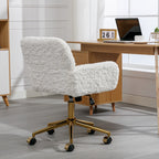 A&A Furniture Artificial Rabbit Hair Office Chair with Golden Metal Base, Adjustable Swivel Vanity Chair, Beige Velvet - Gran